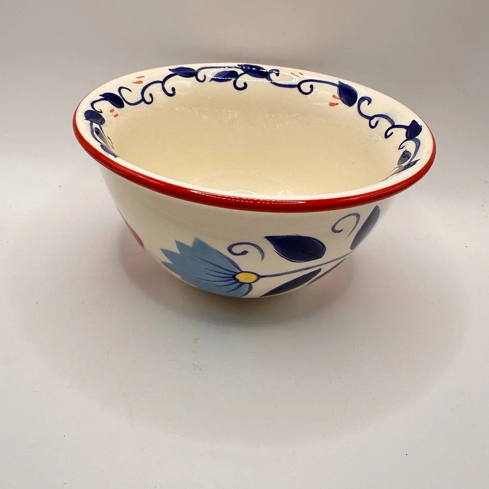 Pier 1 Alegre Hand Painted Earthenware Floral Cereal Bowl Red Blue Yellow 5.5in